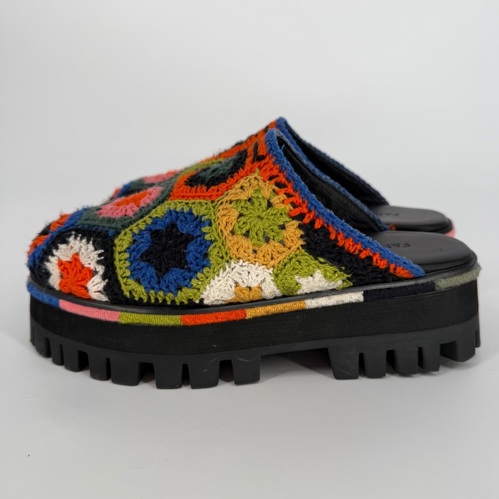 FARM RIO BLACK COLORFUL CROCHET PLATFORM MULES SIZE 8 GRANNY SQUARE BOHO HIPPIE - Picture 7 of 13